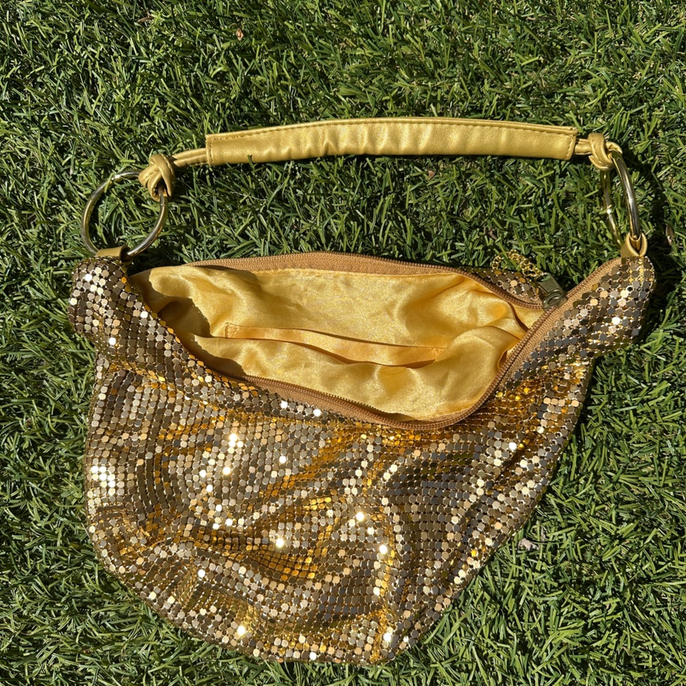 Y2K Shiny Gold O-Ring Slouchy Chainmail Zipper Pull Handbag Shoulder Purse - Picture 7 of 9